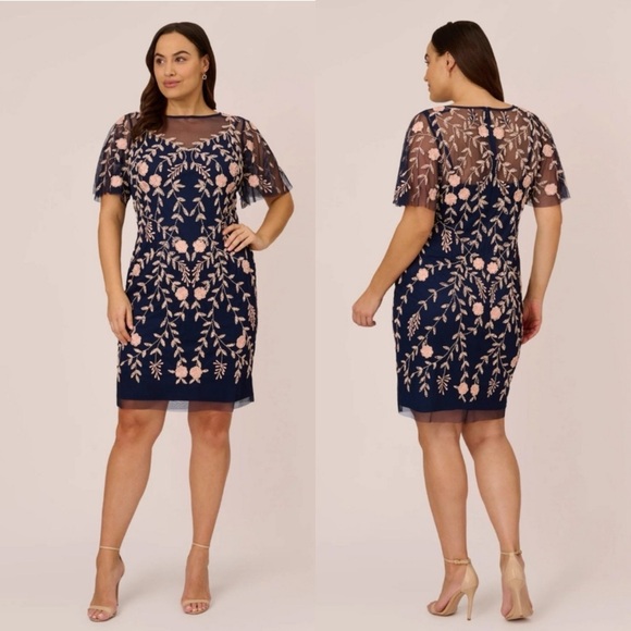 Adrianna Papell 1E205858 Navy & Blush Floral Beaded Embroidery Dress Sz 14 - Picture 1 of 10